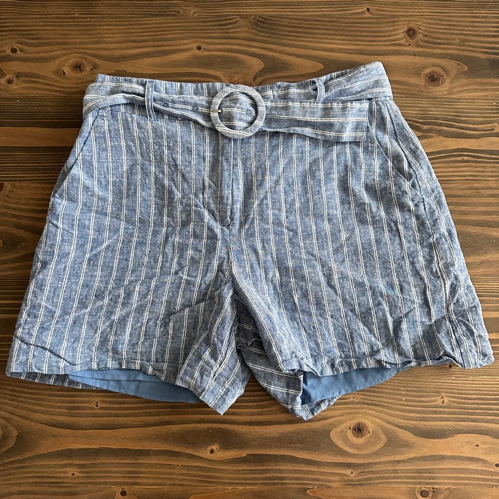 Nine West Linen Blend Shorts Womens M Blue White Striped High Waist Belted